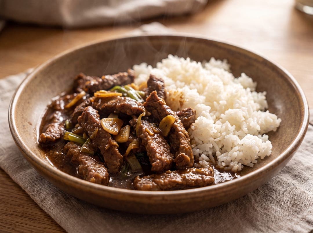 Mongolian beef med vårløk og ris servert som ferdig middag