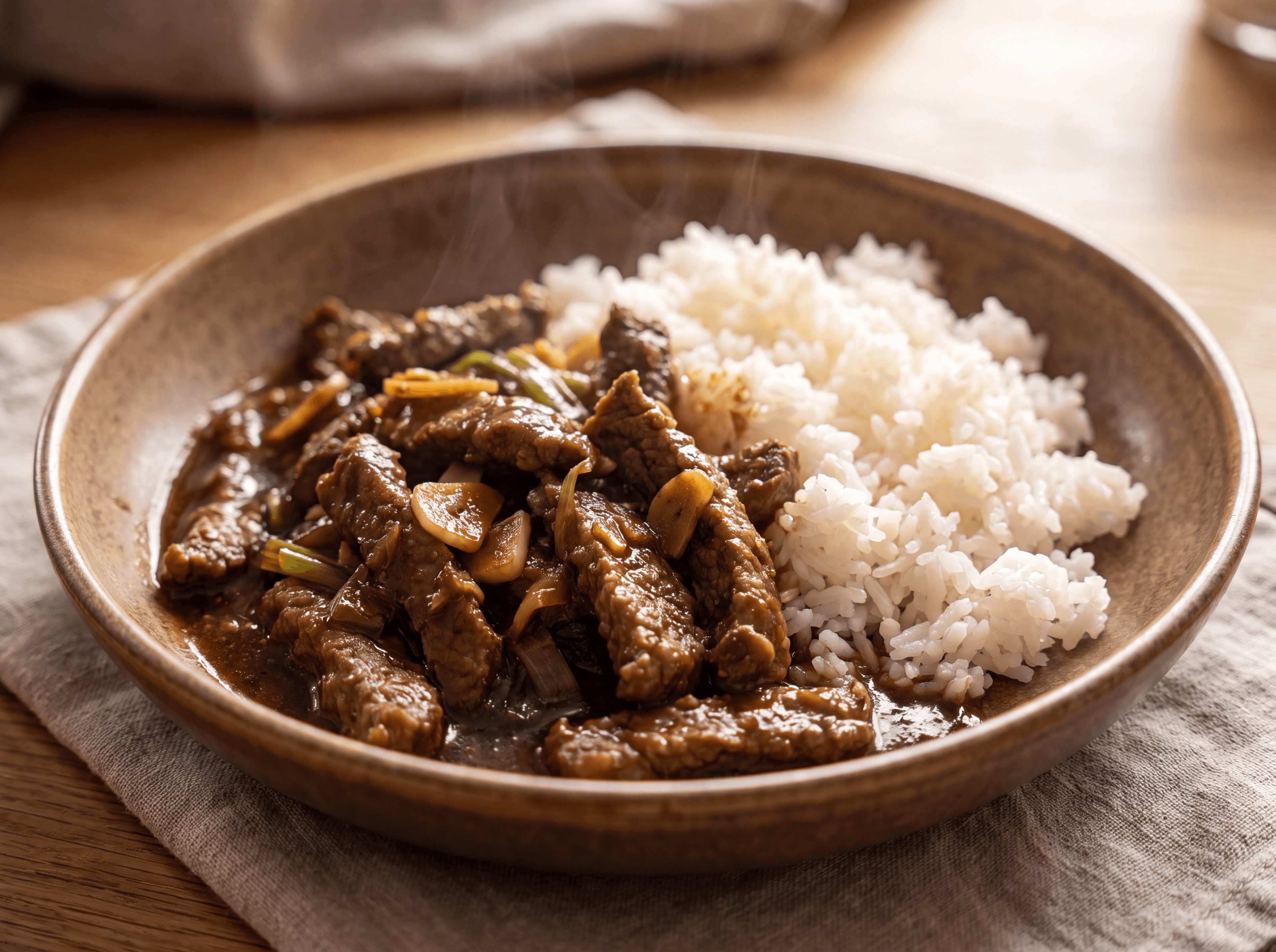 Mongolian beef med vårløk og ris servert som ferdig middag