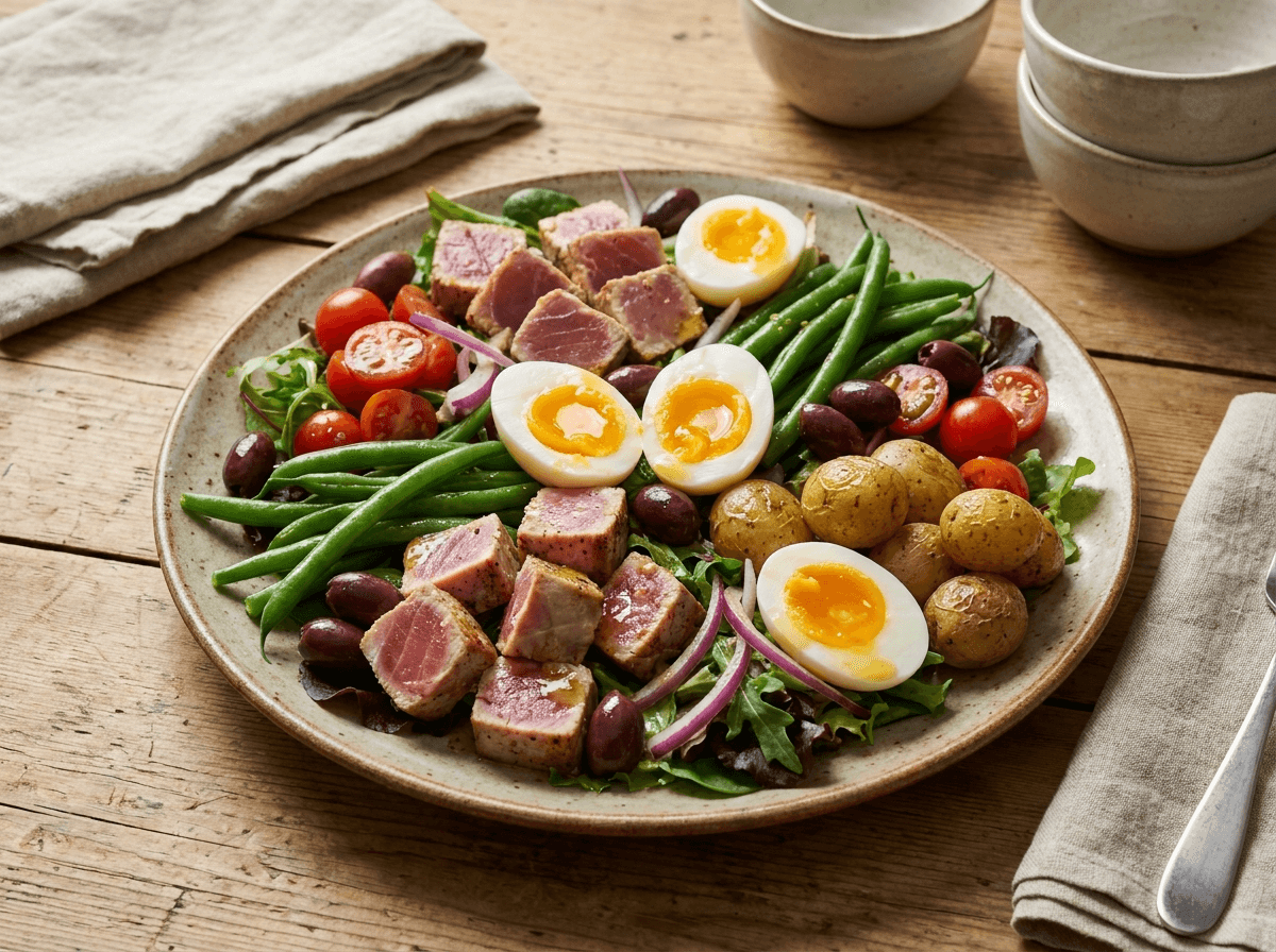 Nicoise-salat — fransk salat med tunfisk, egg, grønne bønner, poteter og oliven