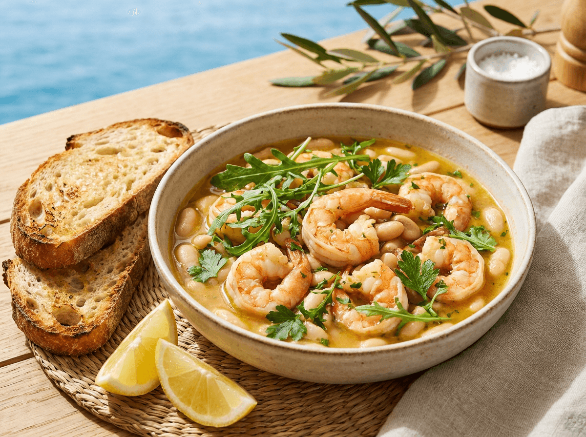 NYT Lemony Shrimp and Bean Stew servert på tallerken.