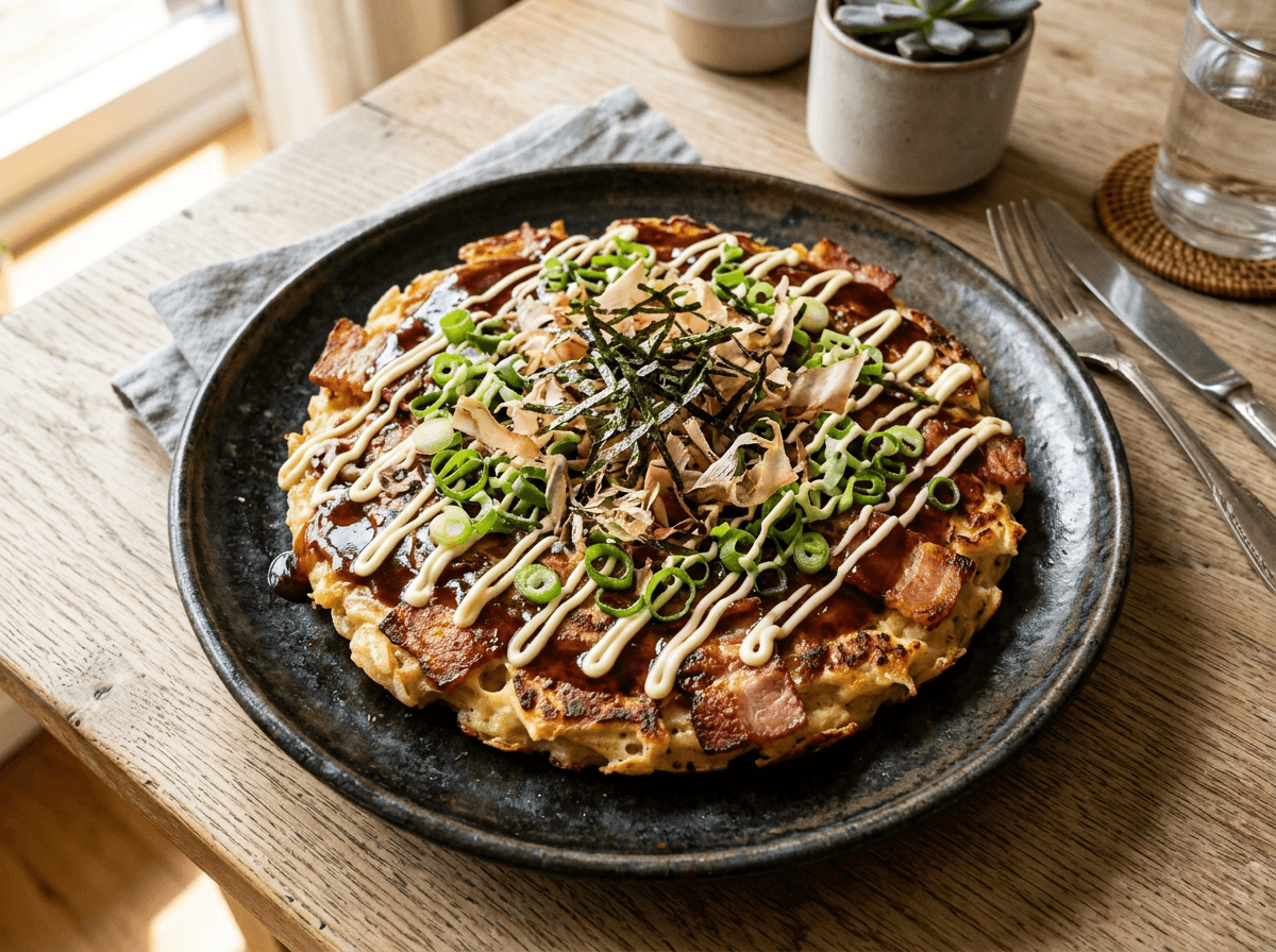 Okonomiyaki — japansk pannekake med bacon, saus, majones og dansende bonitoflak