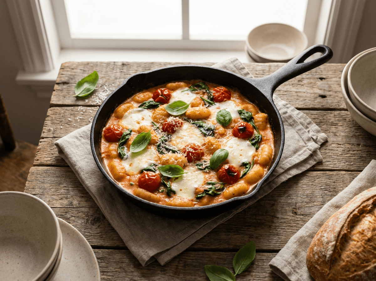 Kremet gnocchi i én panne med spinat, tomat og smeltet mozzarella