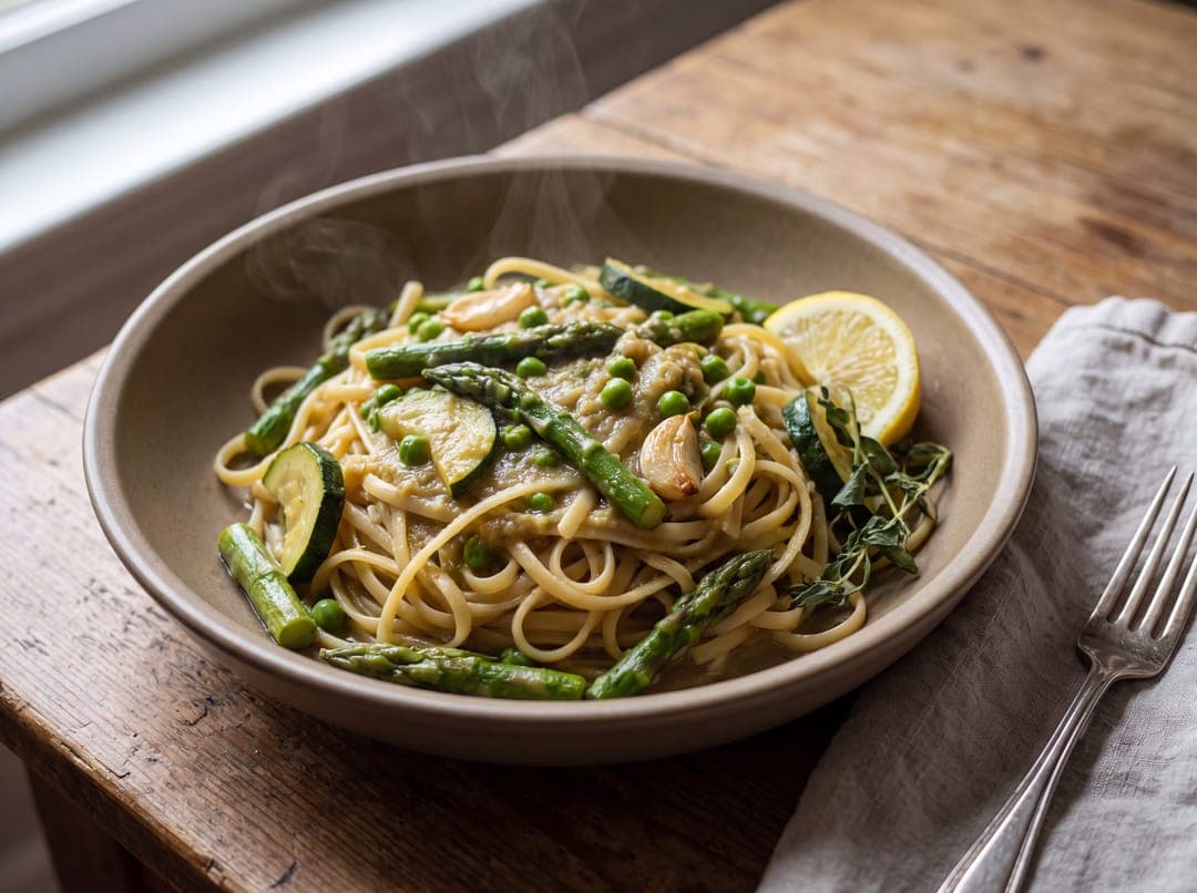One-pot pasta primavera med vårgrønnsaker servert som ferdig middag
