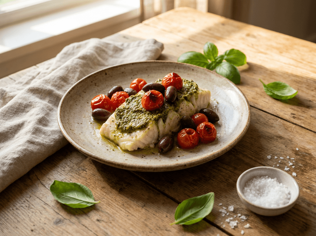 Ovnsbakt kveitefilet med pesto, cherrytomater og oliven servert på et rustikt fat