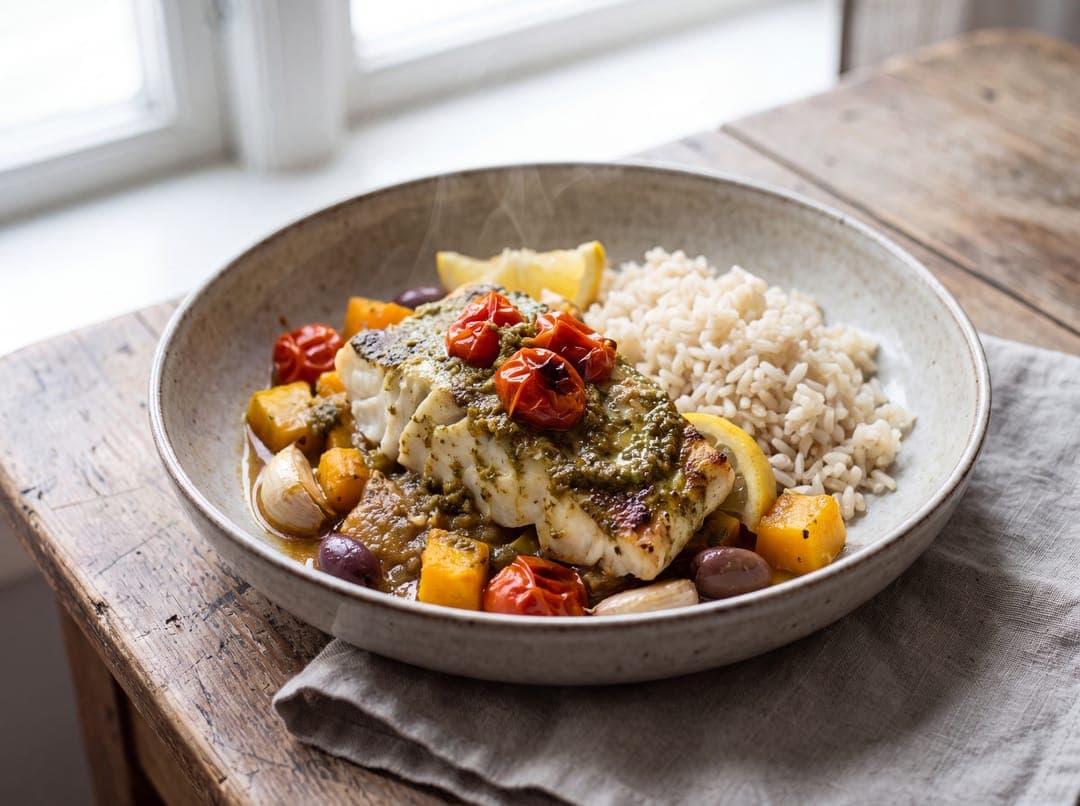 Ovnsbakt torsk med pesto og cherrytomater servert som ferdig middag