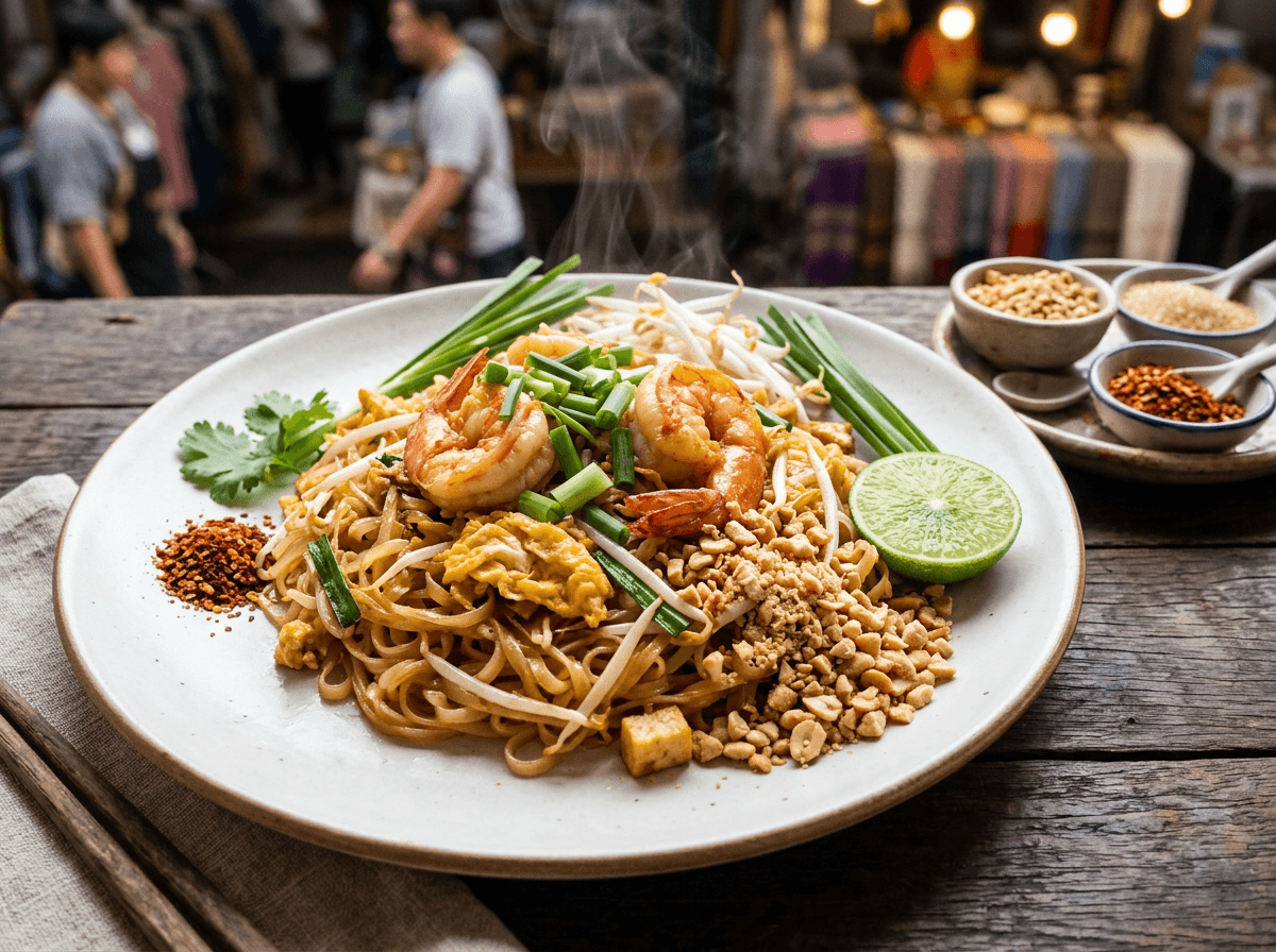 Ekte thailandsk pad thai med reker, peanøtter og lime