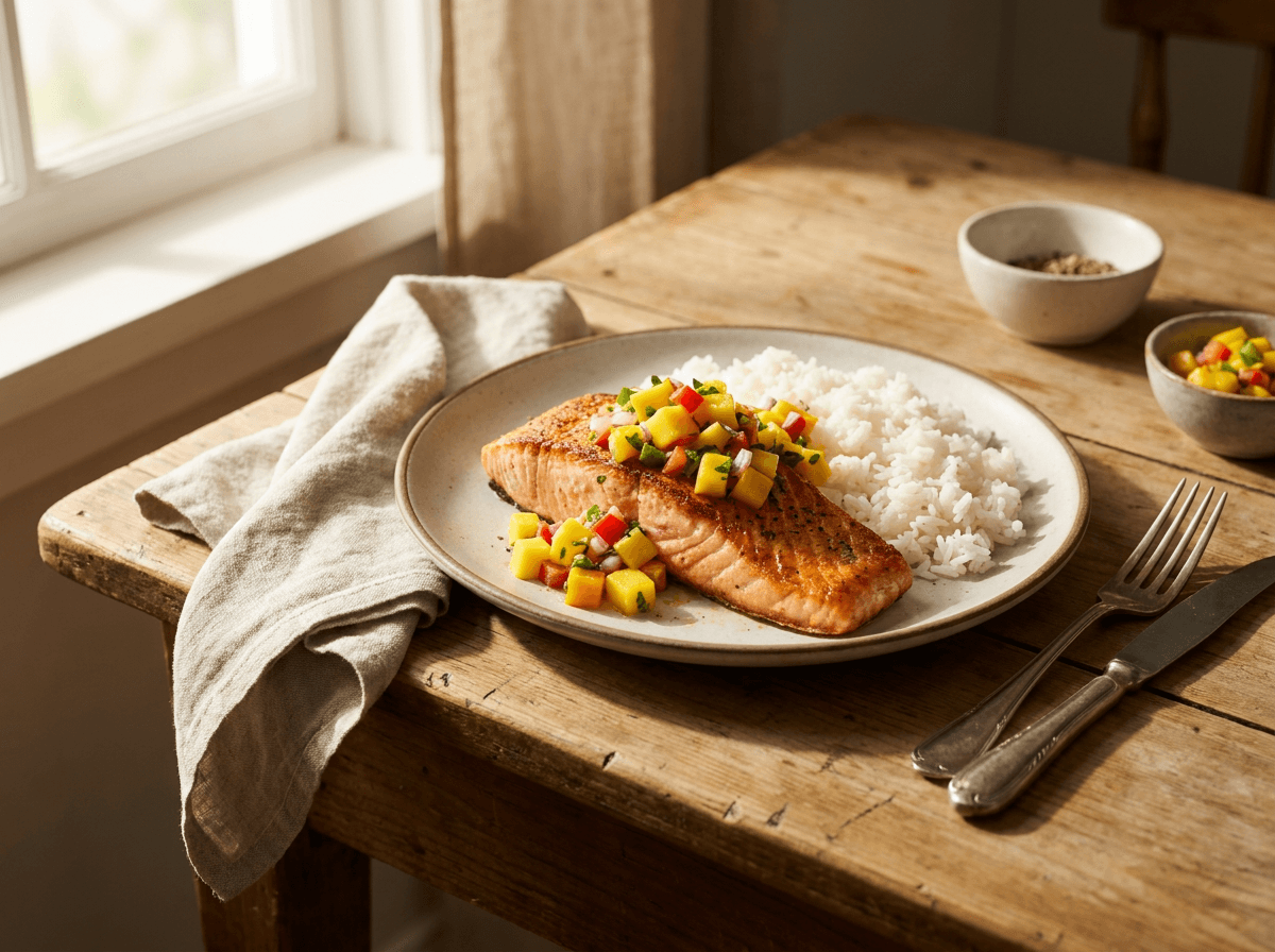 Pannestekt laksefilet toppet med fargerik mangosalsa og servert med jasminris