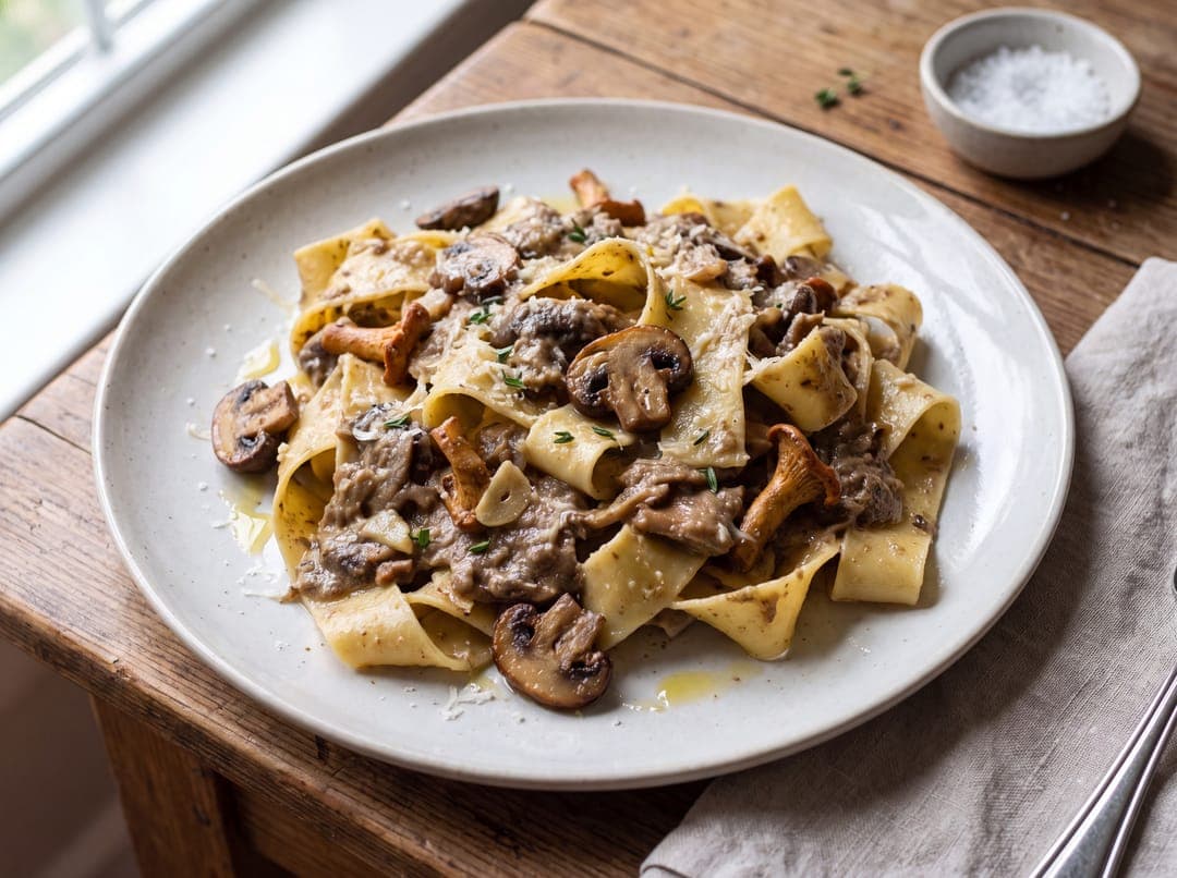 Pappardelle ai Funghi med Sopp og Trøffelolje servert som ferdig middag
