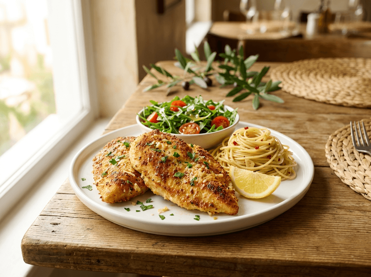 Parmesan Crusted Chicken servert på tallerken.