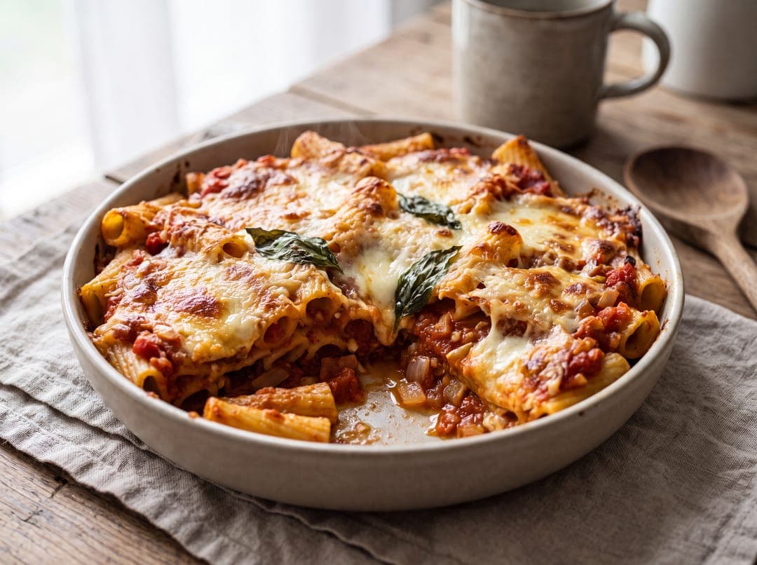 Pasta al Forno med Mozzarella og Basilikum servert som ferdig middag