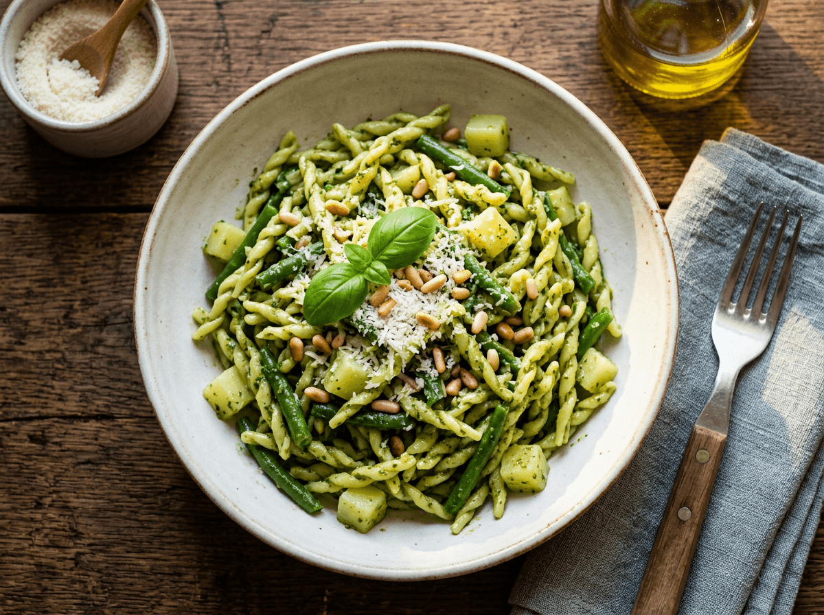 Fersk pasta med grønn basilikumpesto, pinjekjerner og parmesan
