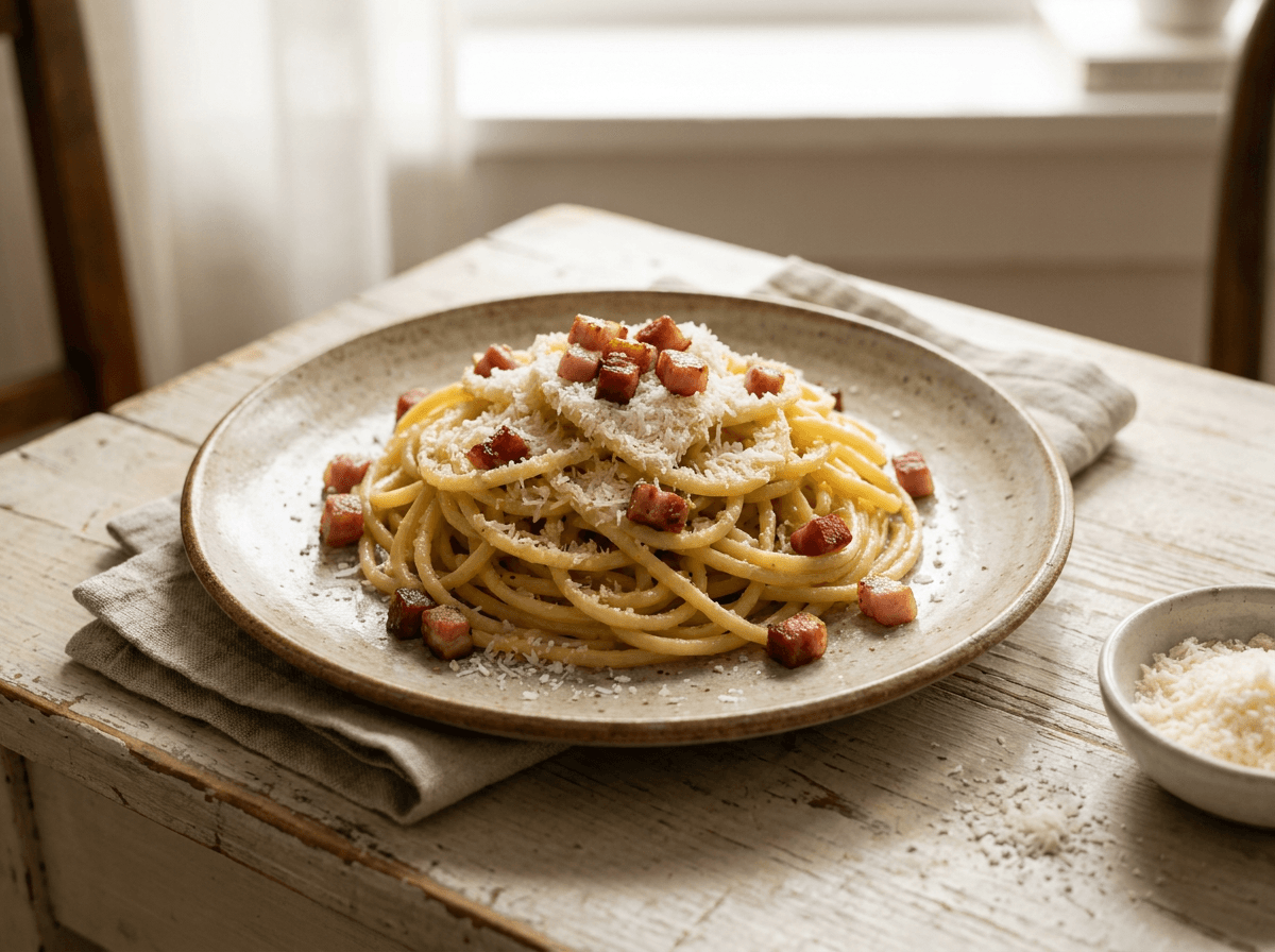 Romersk pasta alla gricia med sprø pancetta og revet pecorino på hvit tallerken