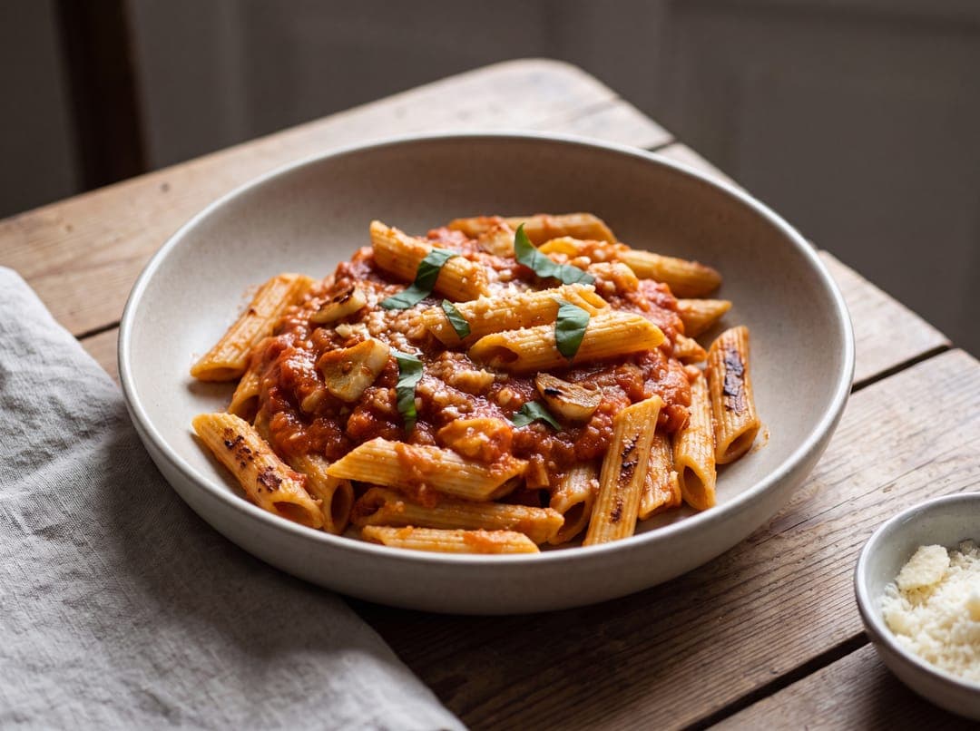 Pasta alla vodka med penne og parmesan servert som ferdig middag
