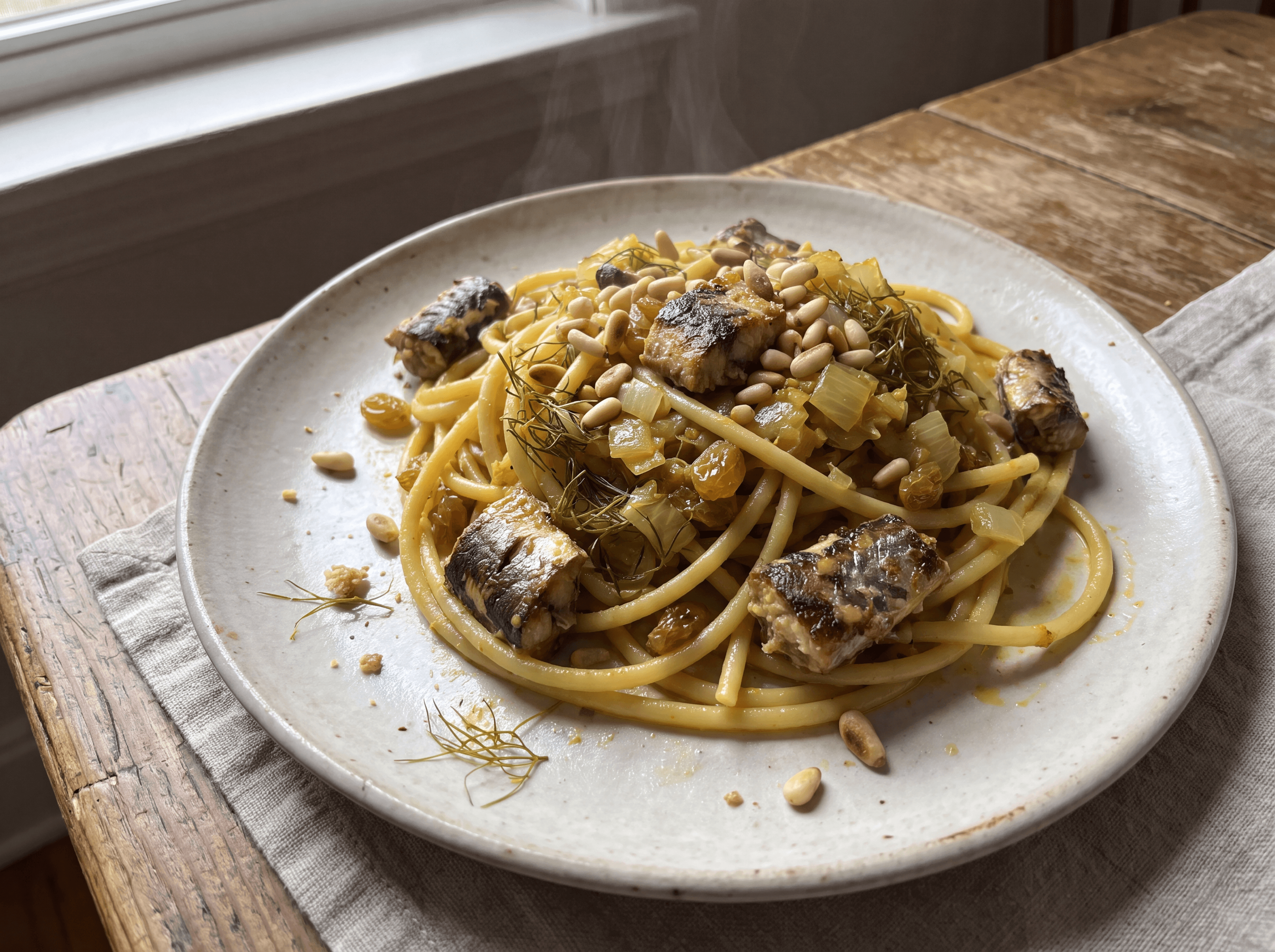 Pasta con le Sarde med Sardiner og Fennikel servert som ferdig middag