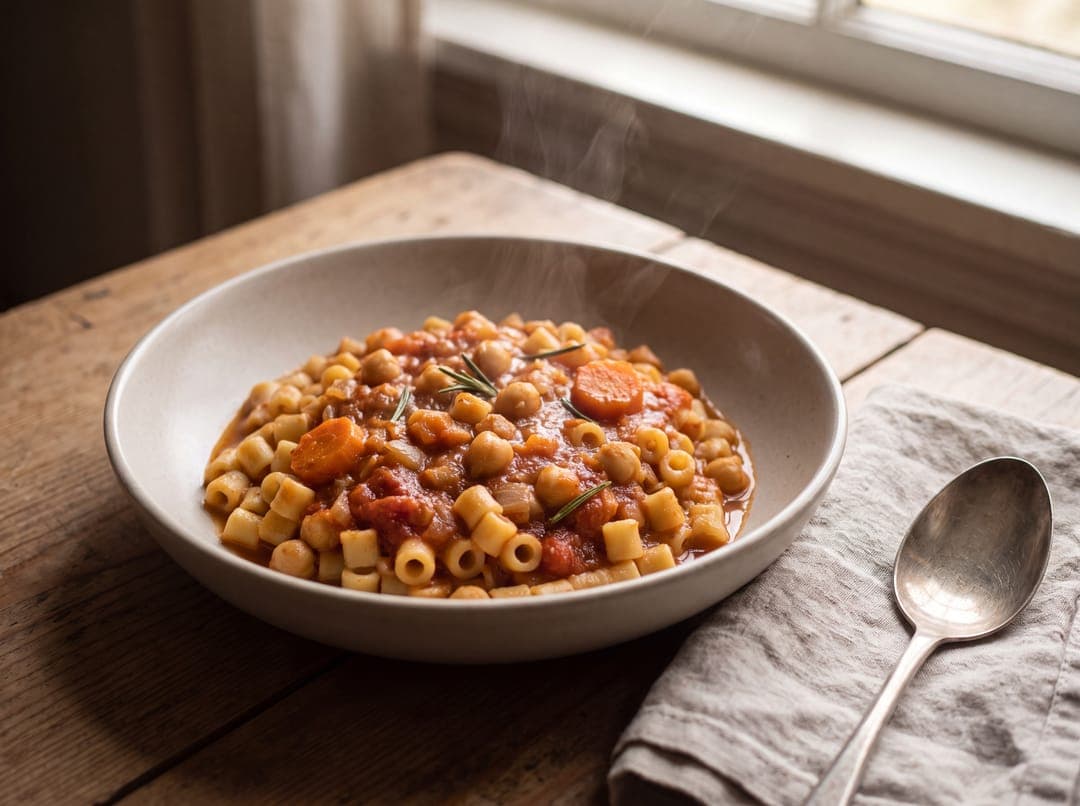 Pasta e ceci med kikerter og rosmarin servert som ferdig middag