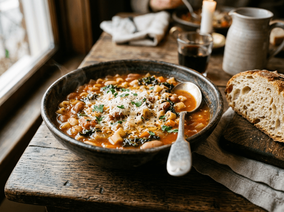Italiensk pasta- og bønnesuppe med parmesan i rustikk skål med brød