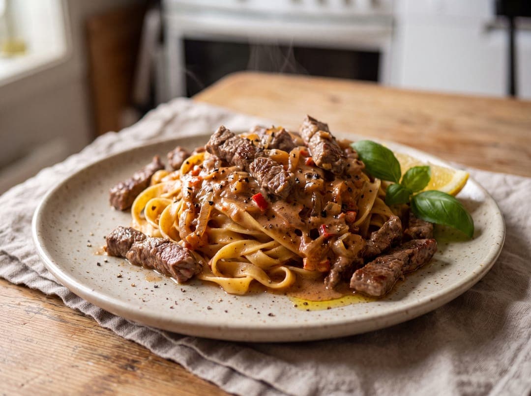 Pasta med biffstrimler og peppersaus servert som ferdig middag