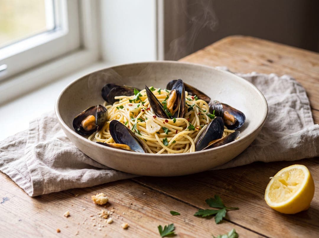 Pasta med blåskjell og hvitløkssmør servert som ferdig middag