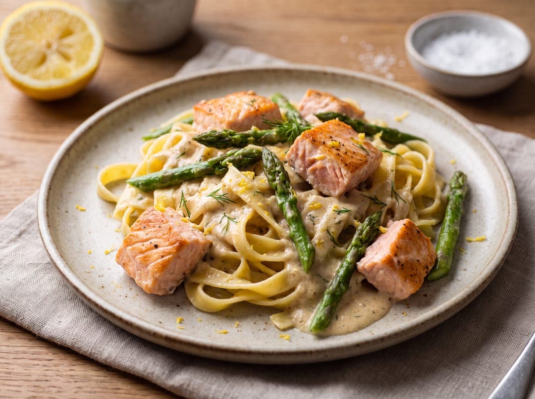 Pasta med kremet laksesaus og asparges servert som ferdig middag