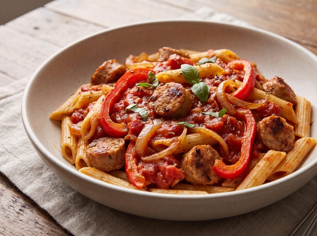 Pasta med kyllingpølse, paprika og løk servert som ferdig middag
