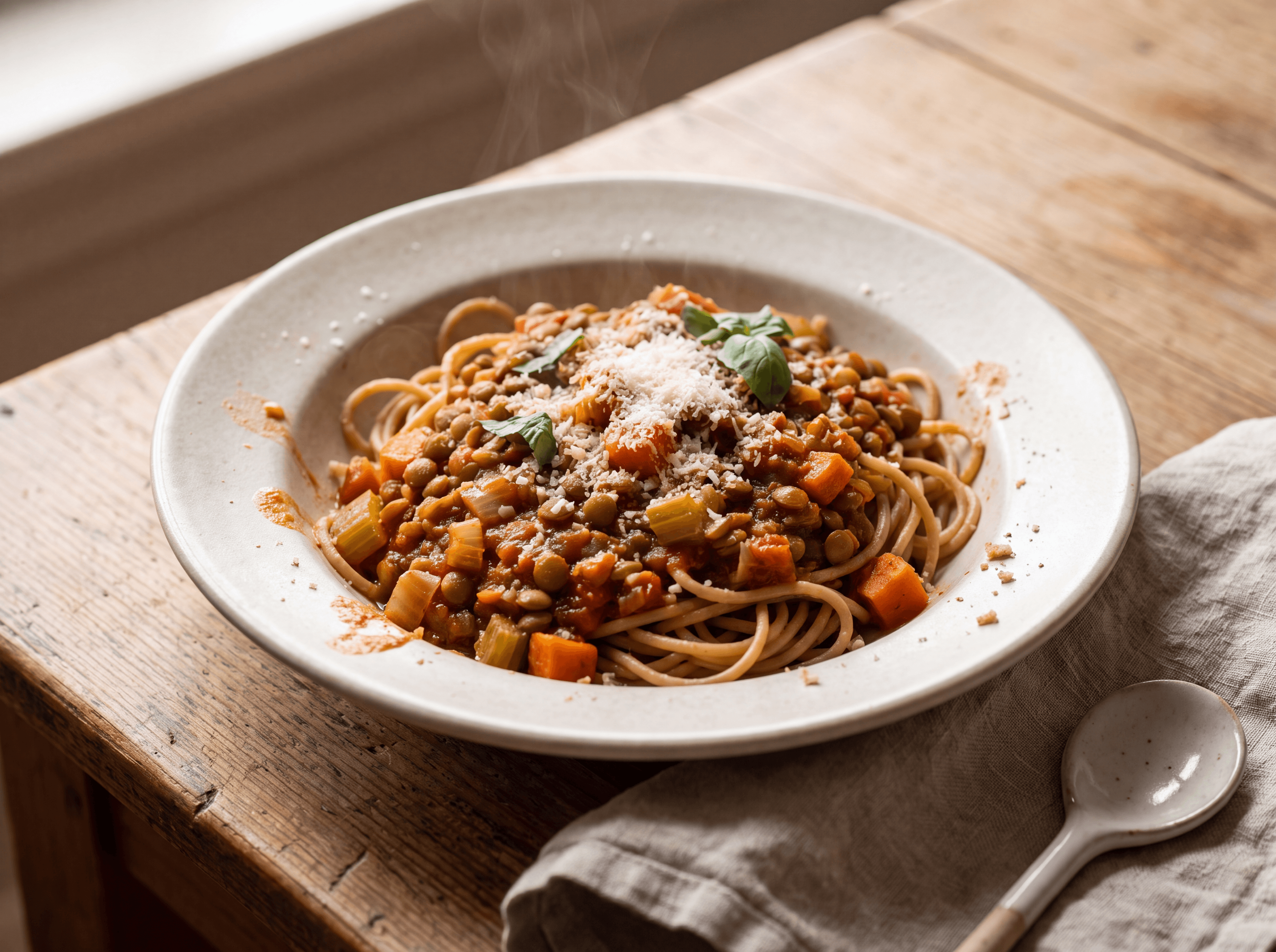 Pasta med linseragu og parmesan servert som ferdig middag