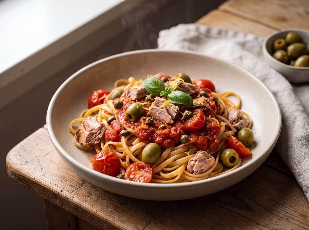 Pasta med tunfisk, tomat og oliven servert som ferdig middag