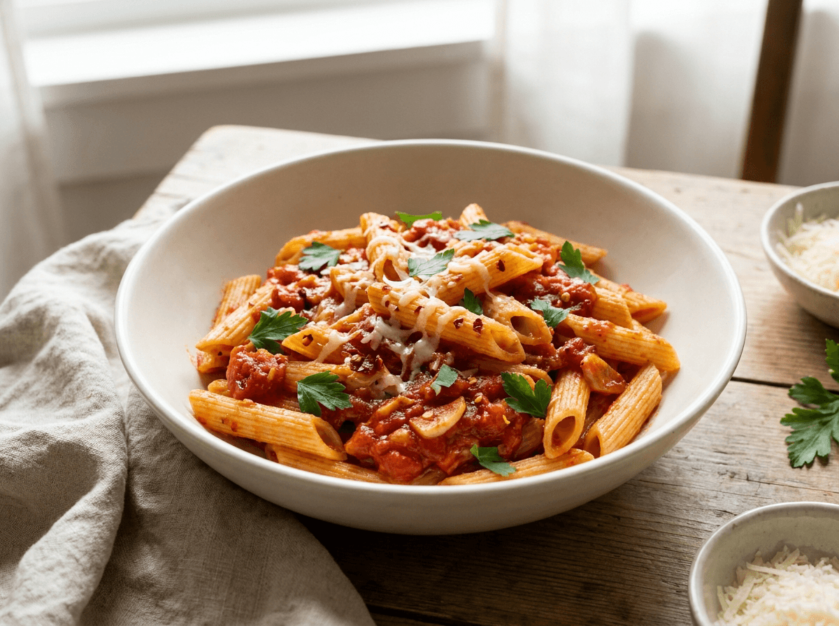 Penne all'arrabbiata med chili, hvitløk og revet parmesan på hvit keramikktallerken