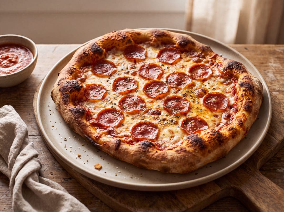 Pepperonipizza med sprø bunn servert som ferdig middag