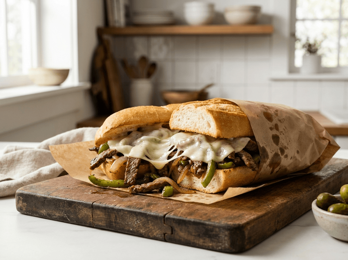 Philly cheesesteak sandwich med biffstrimler og smeltet provolone på trebrett