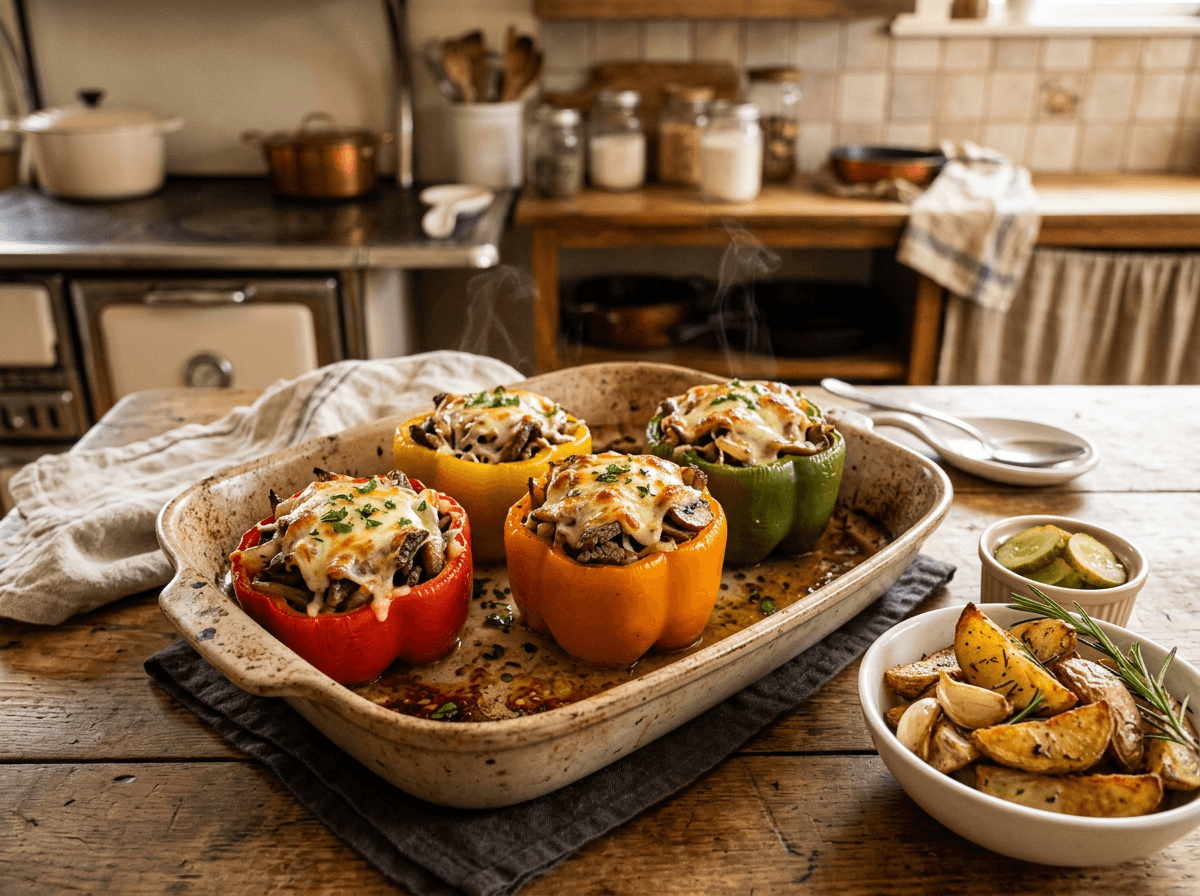 Philly Cheesesteak Stuffed Peppers servert på tallerken.