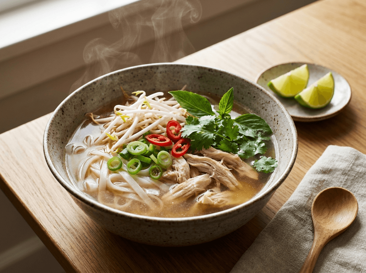 Pho ga — vietnamesisk kyllingsuppe med risnudler, urter, chili og lime