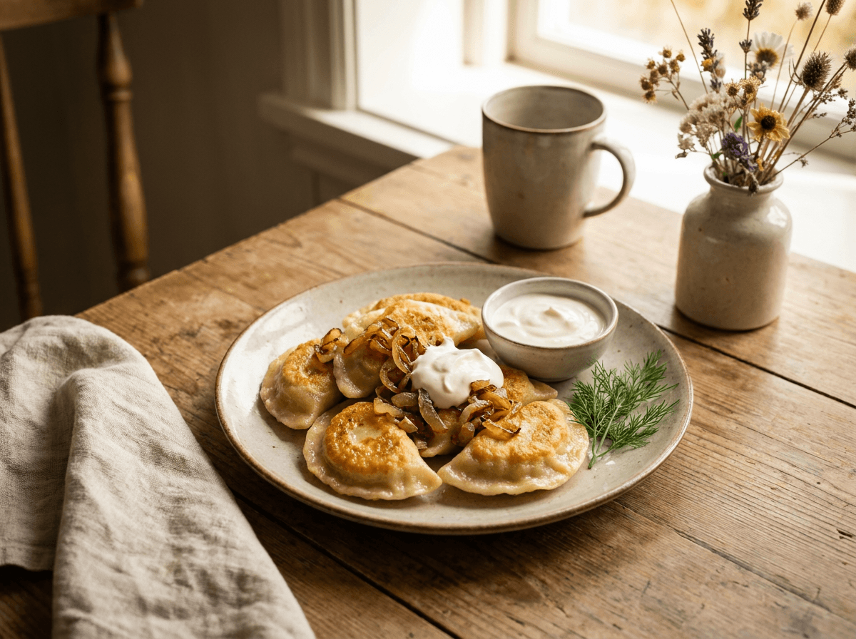 Gylne stekte pierogi med potetfyll toppet med stekt løk og rømme på rustikk fat