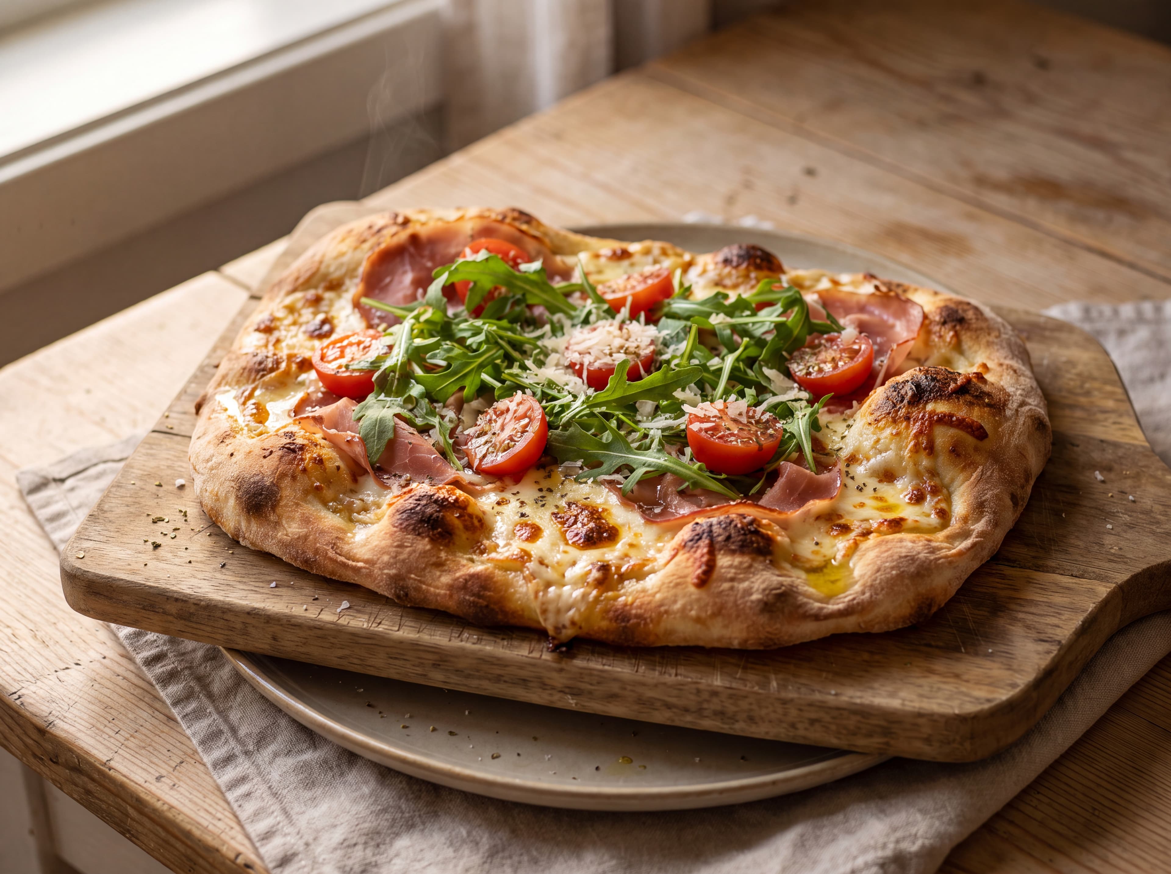 Pinsa med spekeskinke, ruccola og parmesan servert som ferdig middag