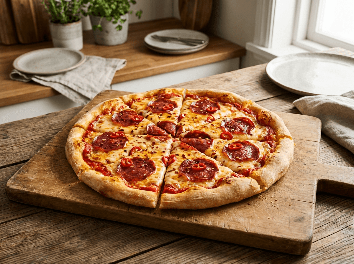 Pizza Diavola med spicy salami, chiliflakes og smeltet mozzarella på rustikk trefjøl