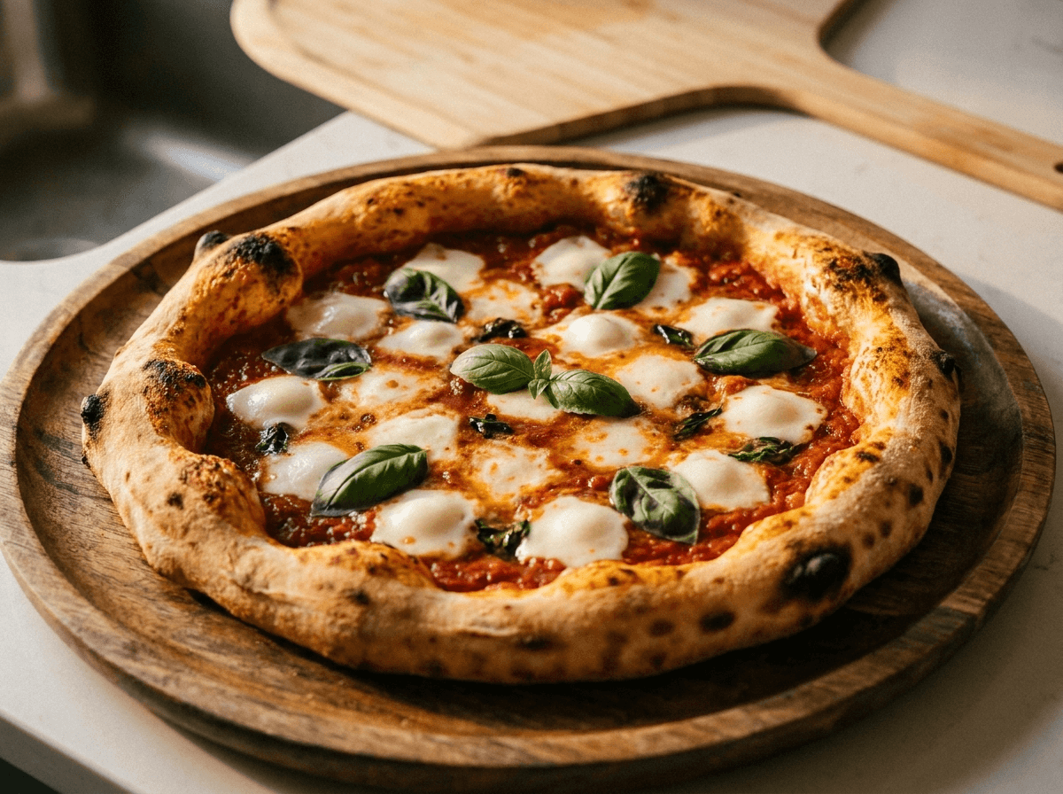 Ekte napolitansk pizza med luftig kant, fersk mozzarella og basilikum på trefat