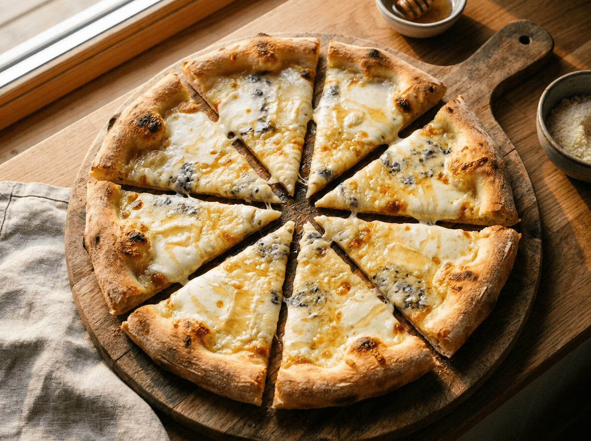 Pizza quattro formaggi med smeltede oster og sprø skorpe på trefjøl