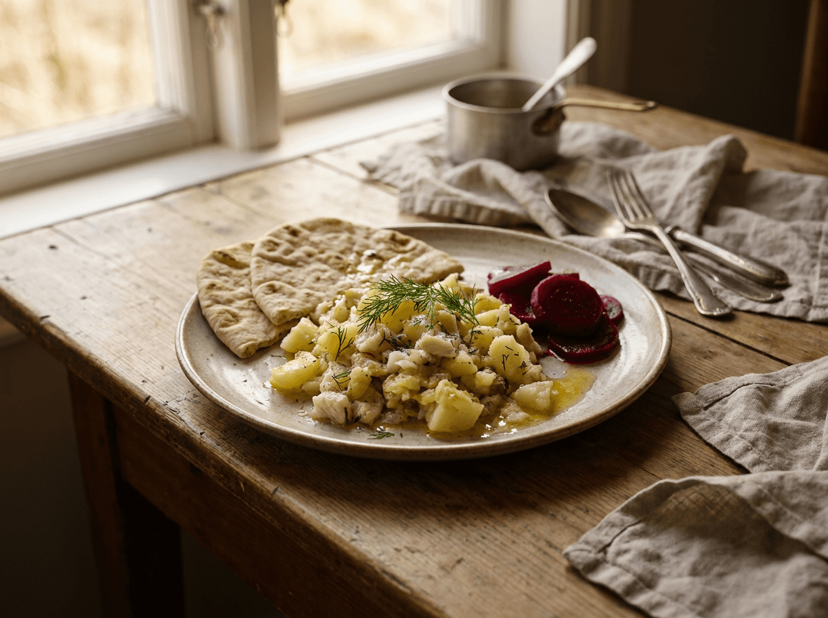 Plukkfisk med smeltet smør og gressløk i dyp tallerken