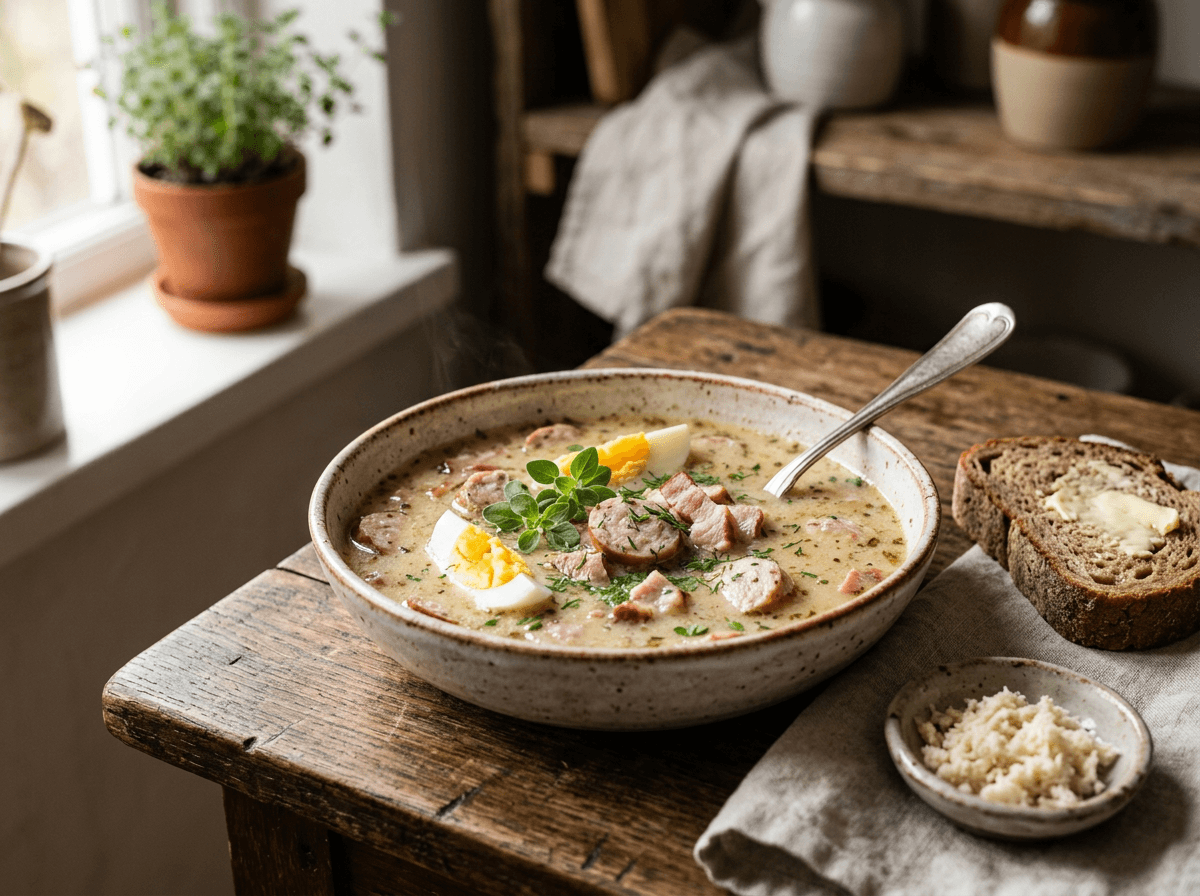Polsk zurek — sur rugssuppe med pølse og egg servert på tallerken.