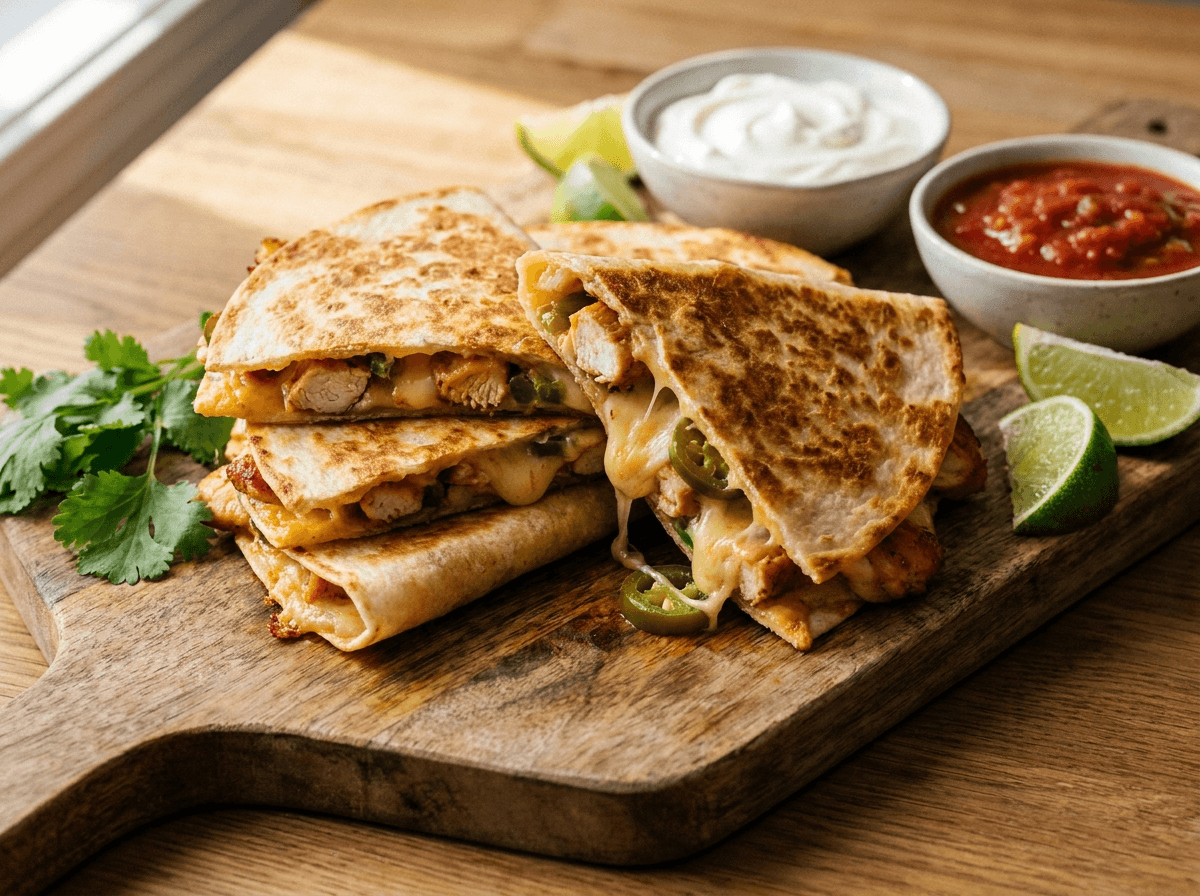 Sprø quesadillas med kylling og ost delt i trekanter med salsa og rømme