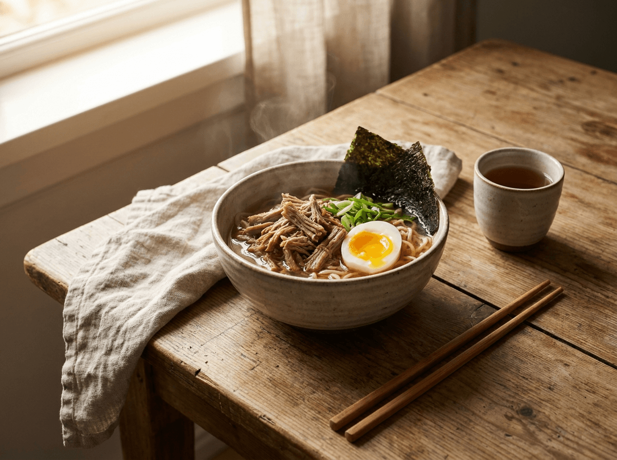 Ramen med pulled pork og bløtkokt egg servert på tallerken.