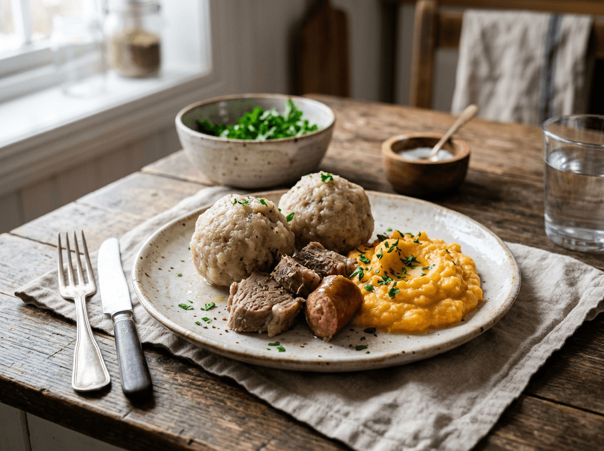 Raspeballer med saltkjøtt og kålrabistappe på et rustikt fat