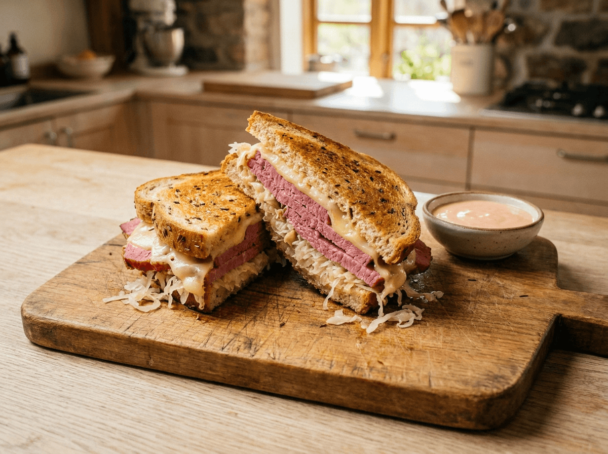 Reuben sandwich med saltkjøtt, surkål og smeltet sveitserost på trebrett