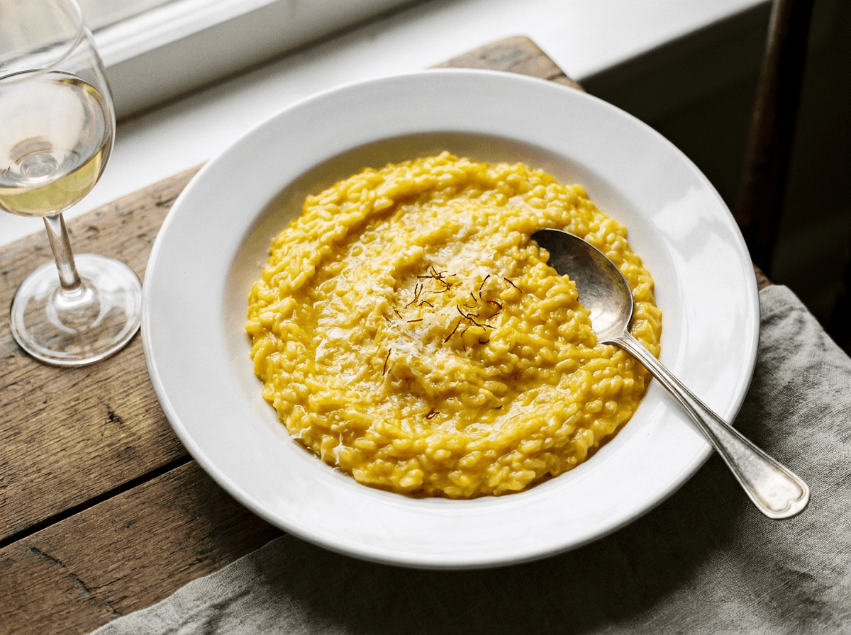 Gyllen risotto alla milanese med safran og parmesan på hvit tallerken