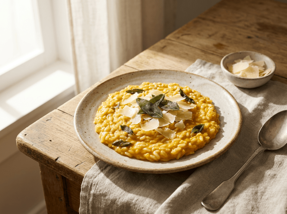 Kremet gresskarrisotto med sprø salvieblader og parmesan i hvit skål
