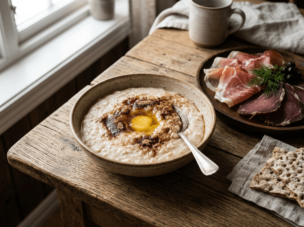 Rømmegrøt med smeltet smør kanel og sukker servert med spekemat og flatbrød