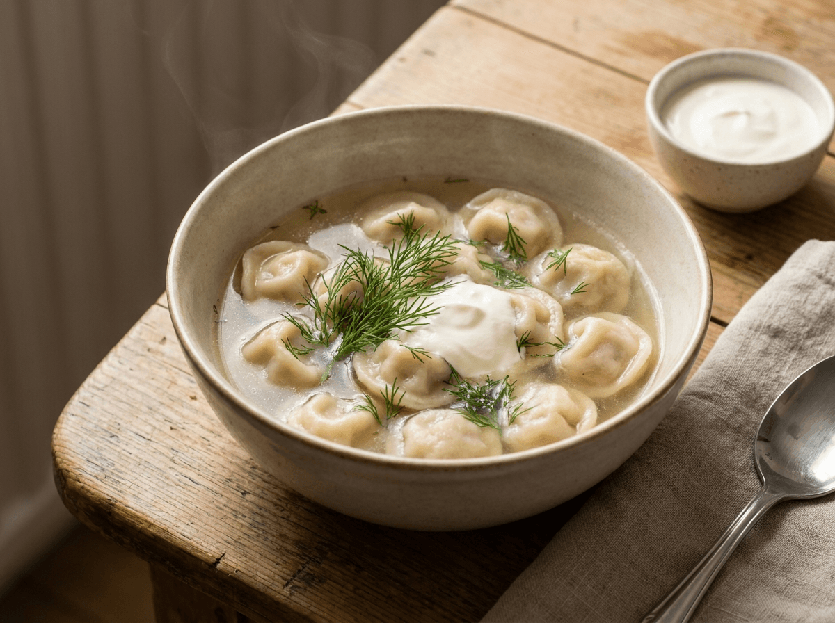 Russiske pelmeni i klar buljong med frisk dill og en klatt rømme i keramikkskål