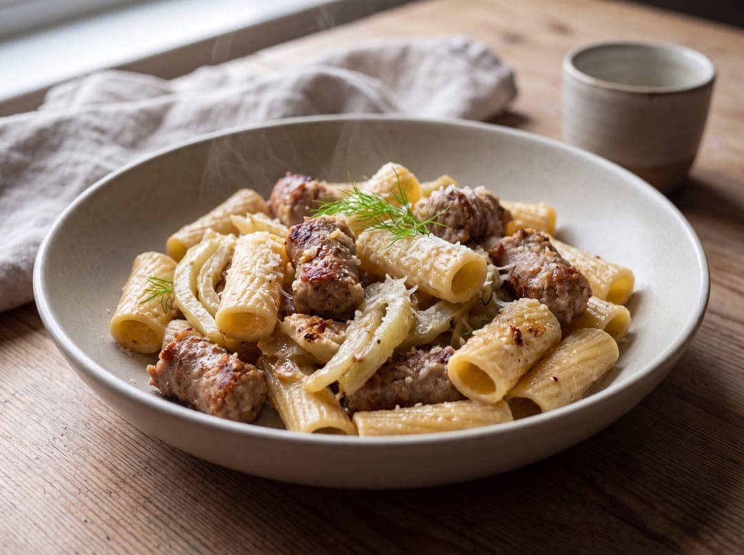 Salsiccia Pasta med Fennikel og Hvitvin servert som ferdig middag