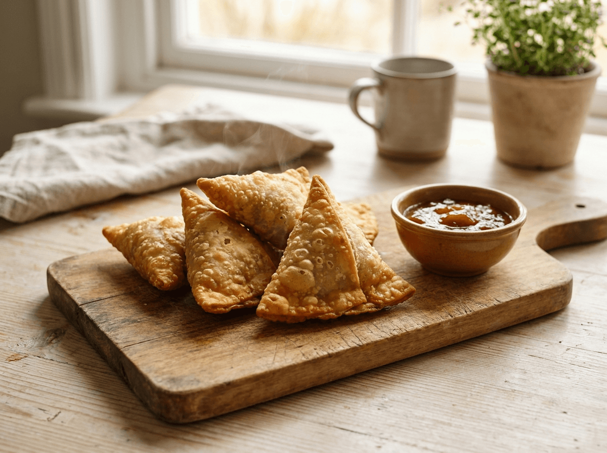 Samosas — sprøstekte indiske trekantpaier med potetfyll og mango chutney