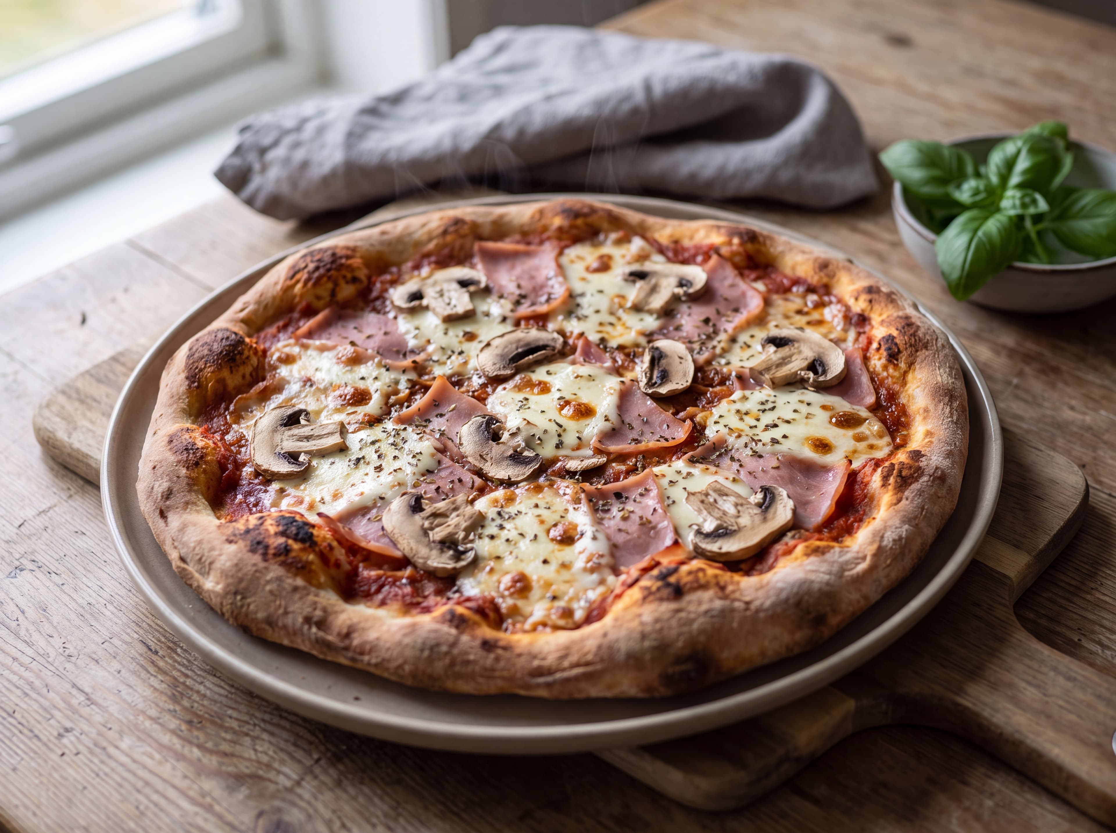 Skinke og sopp pizza med oregano servert som ferdig middag
