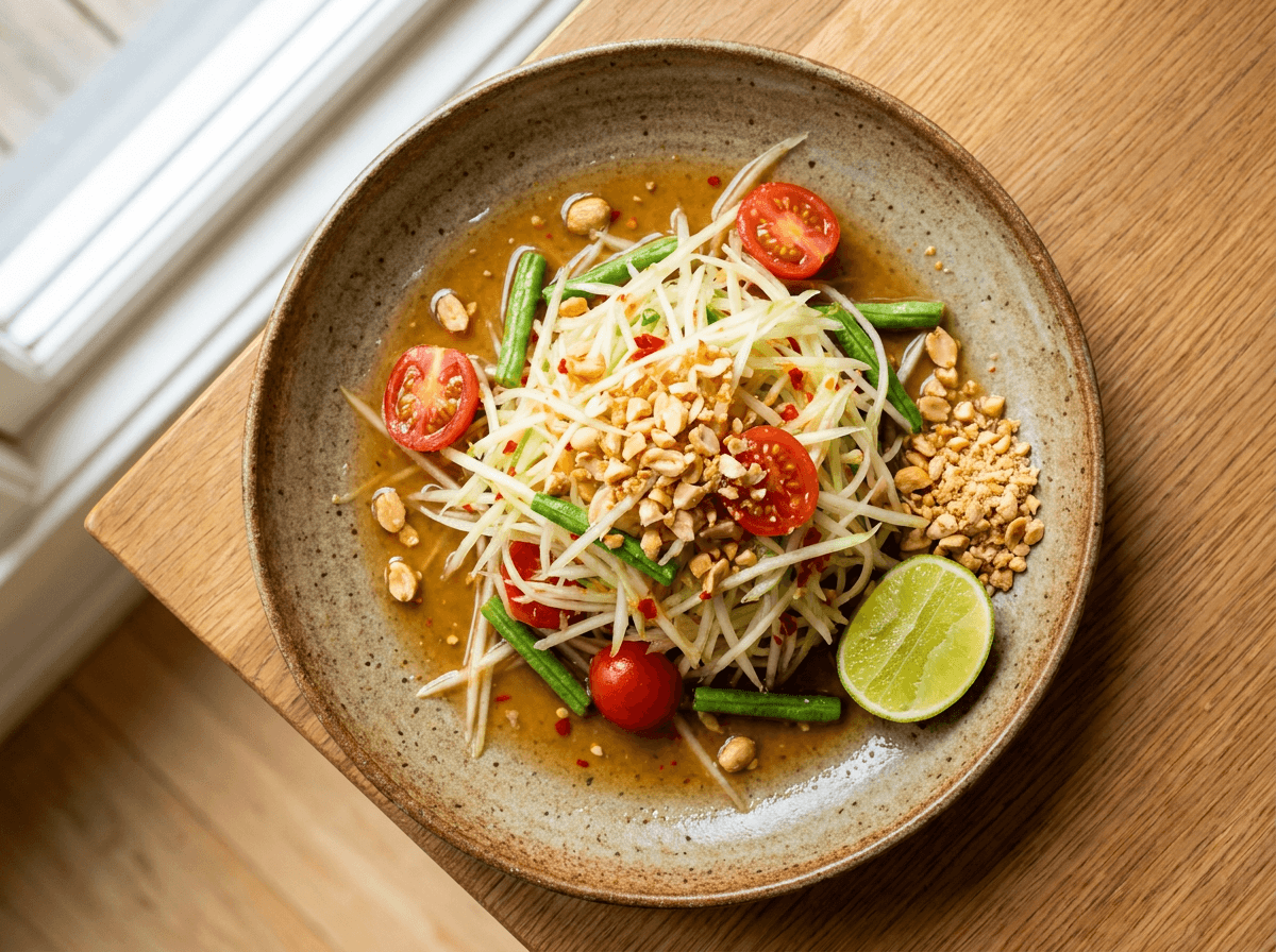 Som tam — grønn papayasalat med tomater, peanøtter og chili på keramikkfat